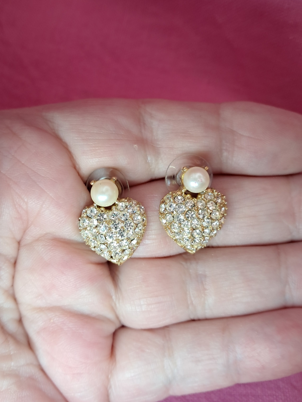Vintage Chic Goldtone Pave Crystal Heart & Faux Pearl Stud Earrings